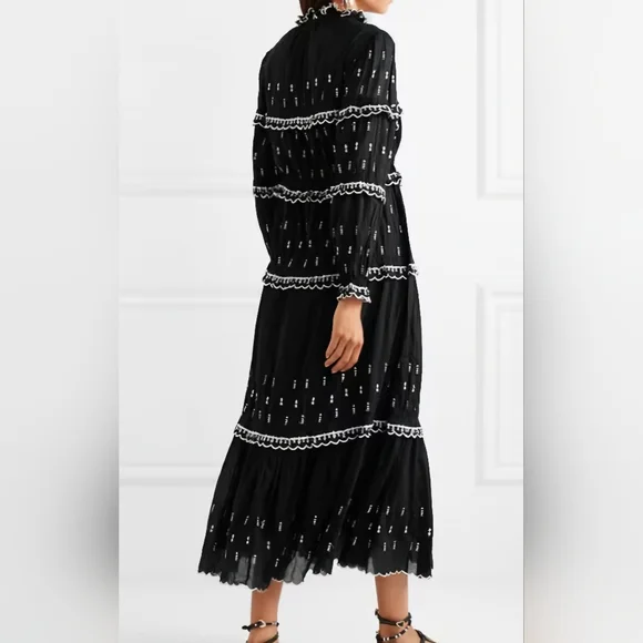 Isabel Etoile Morant Lyukio black cotton scalloped embroidered midi dress M-L